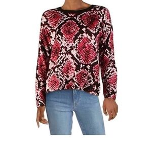 DKNY Womens Pink Printed Long Sleeve Crew Neck Sweater L